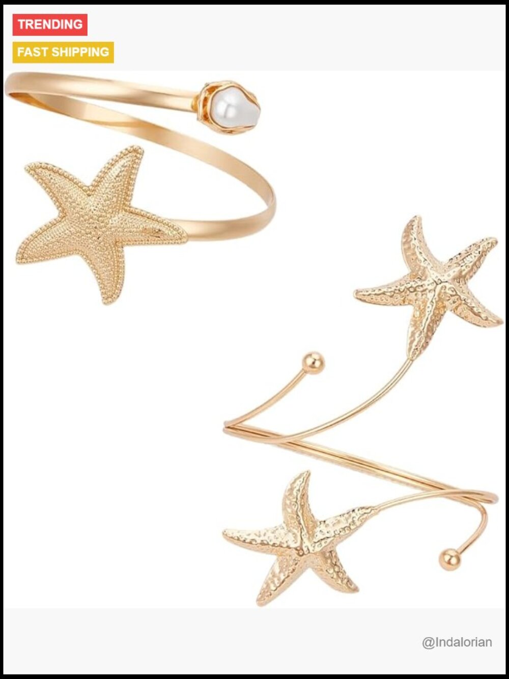 Gold Upper Arm Cuff Bangle Bracelet Set With Pearl Starfish Ocean Design